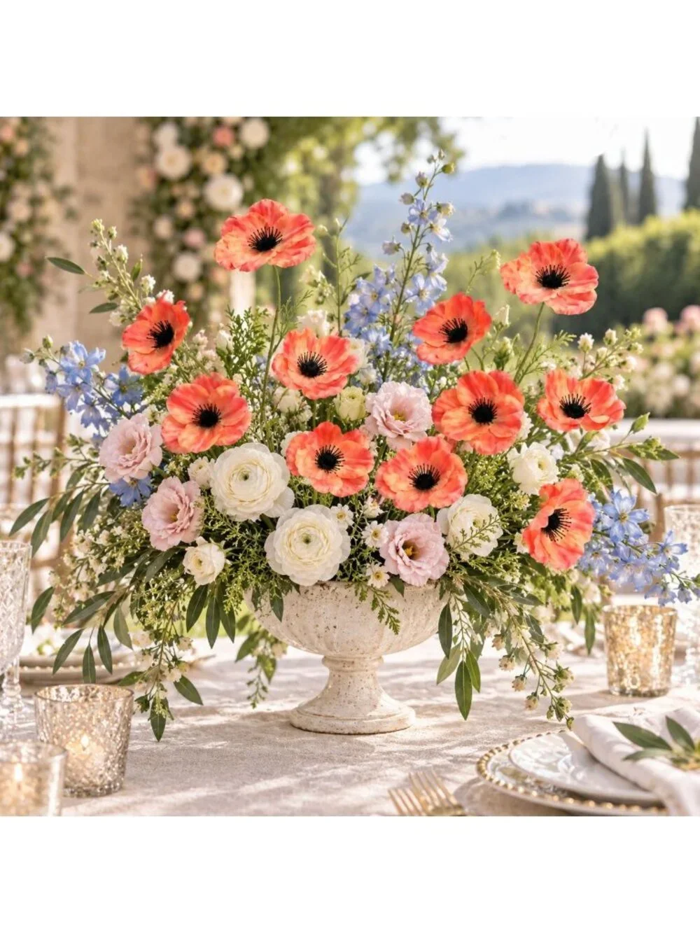 Coral Peach Orange Artificial Poppy Stems Set of 2 29 Inch Faux Silk Flowers Sum